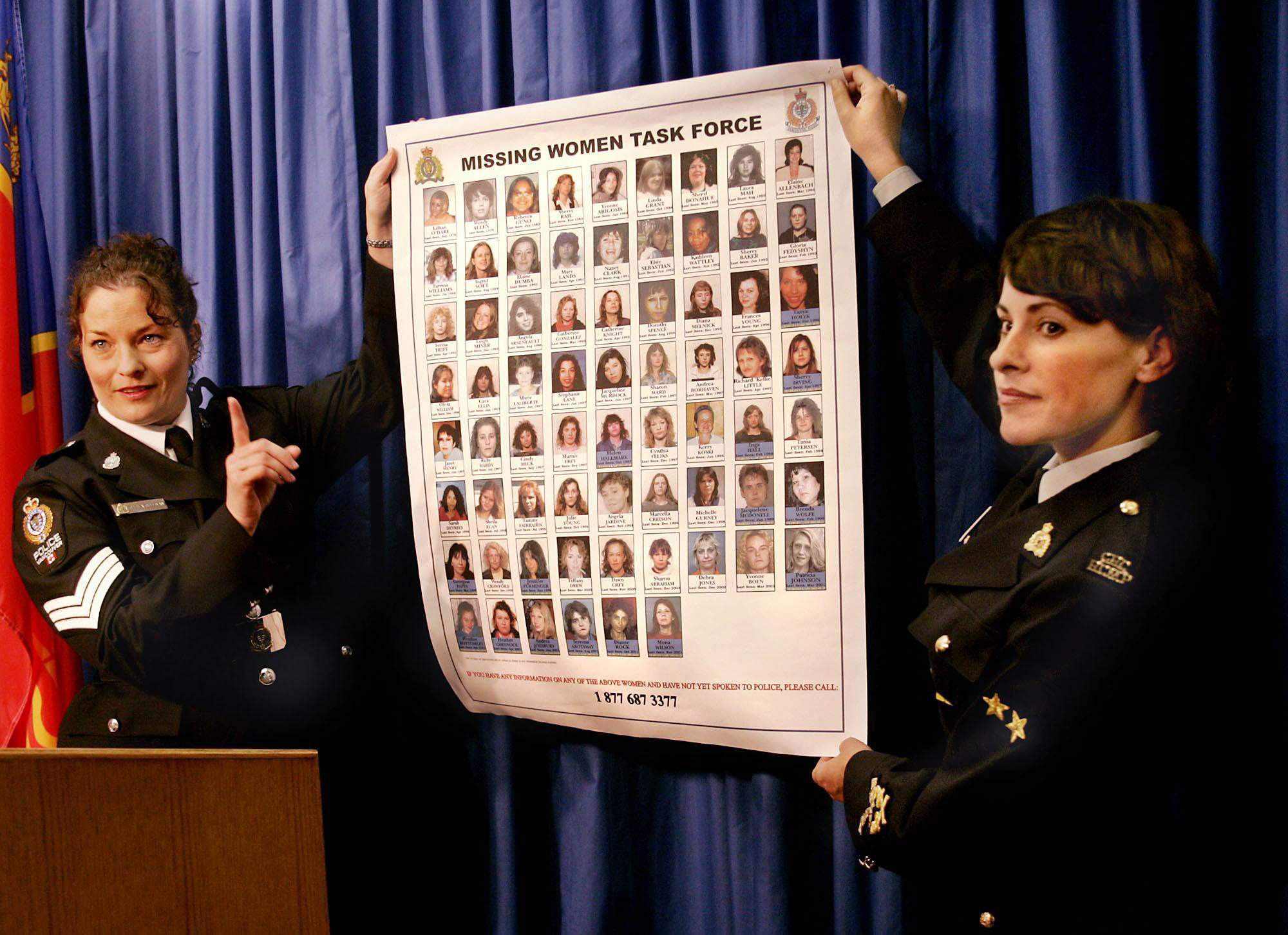 Vancouver Police Sgt. Sheila Sullivan (left) and RCMP Cpl. Catherine Galliford (right) hold up a new poster released by the Missing Women Task Force in Vancouver, Wednesday Oct. 6, 2004.