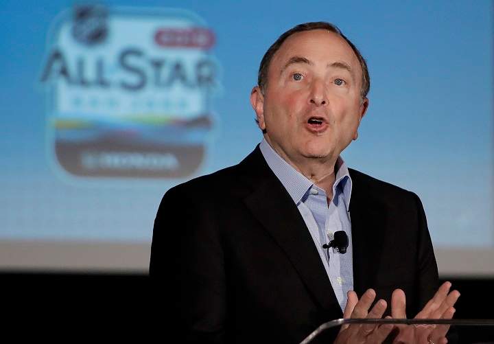 NHL Commissioner Gary Bettman speaks at a news conference in San Jose, Calif., on Friday, Jan. 25, 2019. The NHL All Star Game is scheduled for Saturday afternoon.