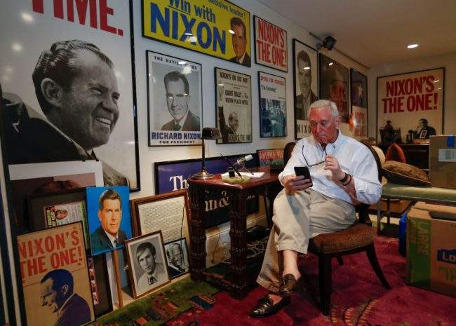 Roger Stone poses for a photo in his office in Oakland Park in Oakland Park, Florida on April 12, 2017.