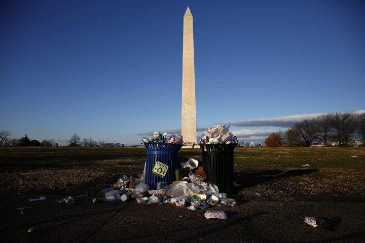 Trash begins to accumulate along the National Mall near the Washington Monument due to a partial shutdown of the federal government on December 24, 2018 in Washington, D.C.