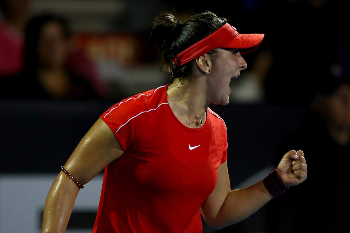 Bianca Andreescu of Canada celebrates after winning a game during her round of 16 match against Caroline Wozniacki of Denmark at the ASB Classic on January 03, 2019 in Auckland, New Zealand.