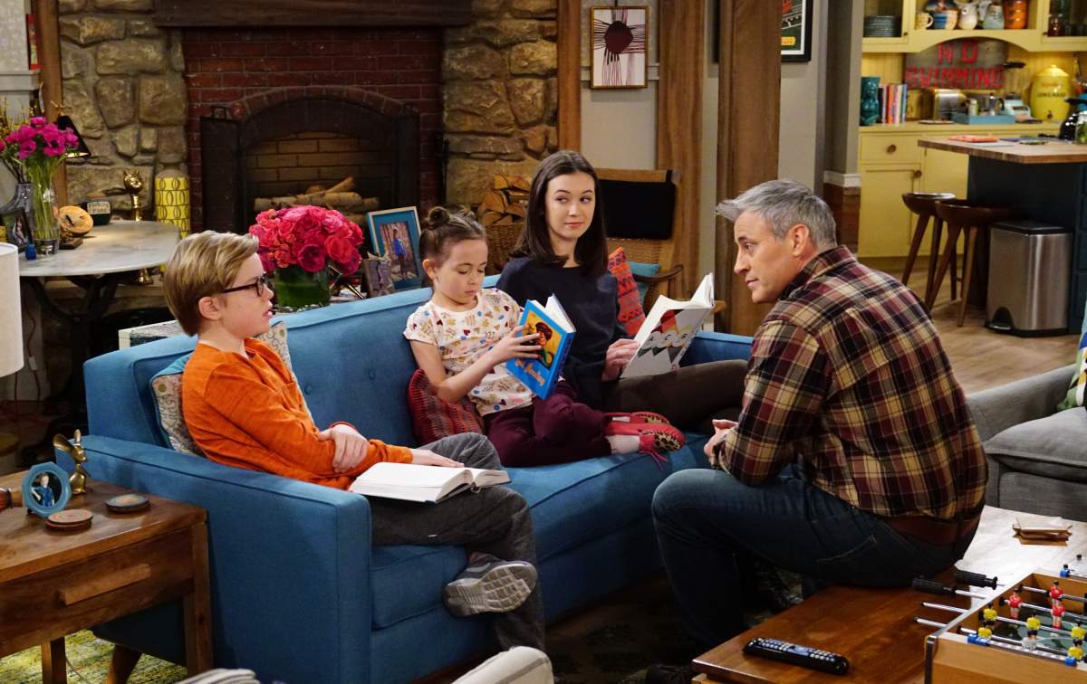(L-R) Matthew McCann as Teddy Burns, Hala Finley as Emme Burns, Grace Kaufman as Kate Burns and Matt LeBlanc as Adam Burns (Photo by Monty Brinton/CBS via Getty Images)