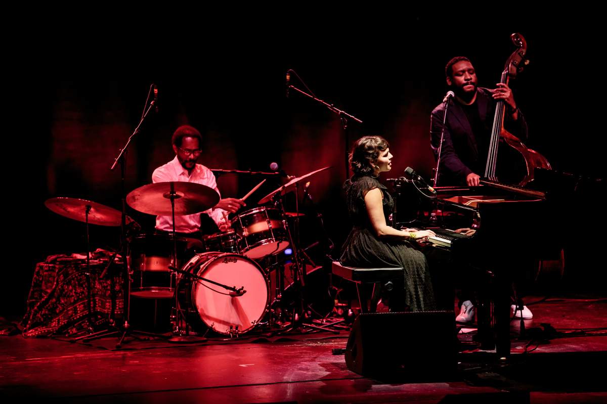Norah Jones performs on stage with Brian Blade on drums and Chris Thomas on bass at Teatro degli Arcimboldi on April 8, 2018 in Milan, Italy.