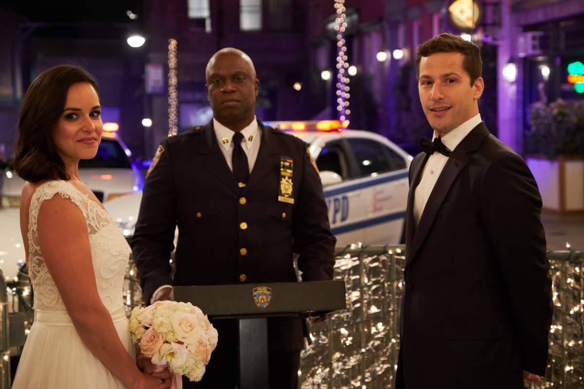L-R: Melissa Fumero, Andre Braugher and Andy Samberg in the Jake & Amy season finale episode of 'Brooklyn Nine-Nine' which aired Sunday, May 20 on FOX. .