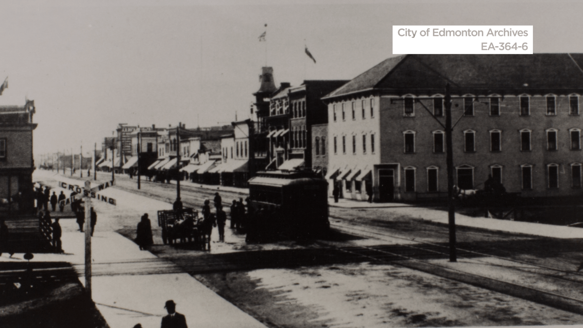 Whyte Avenue looking west in 1910 with the Strathcona Hotel to the right.