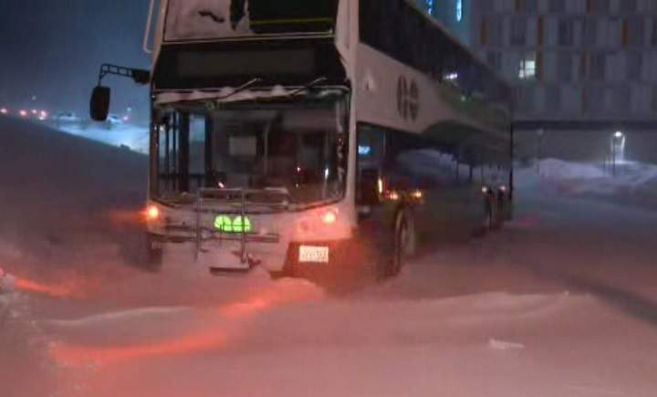 A GO Bus is stuck in the snow on Jan. 29, 2019.