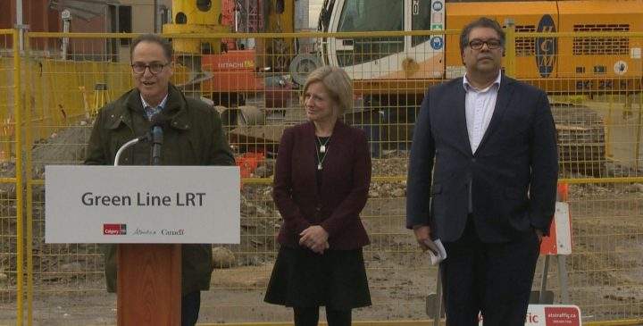 Minister Joe Ceci, Premier Rachel Notley and Mayor Naheed Nenshi green lit the Green Line LRT project in Calgary on Wednesday.
