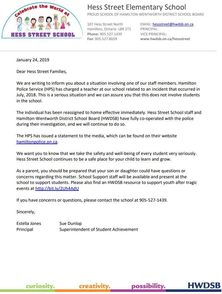 This letter was sent home with Hess Street School students on Thursday.