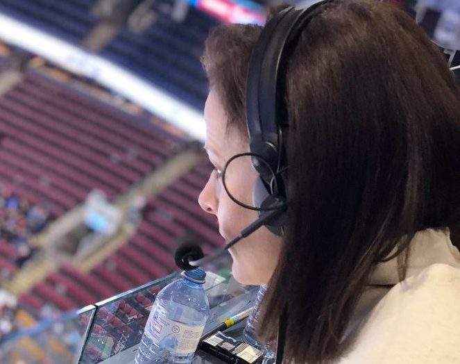 Sportscaster Leah Hextall calling the CWHL all-star game.