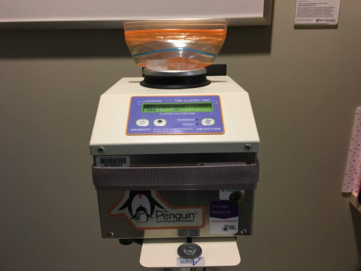 Milk warmer in the Stollery NICU in the Royal Alexandra Hospital.