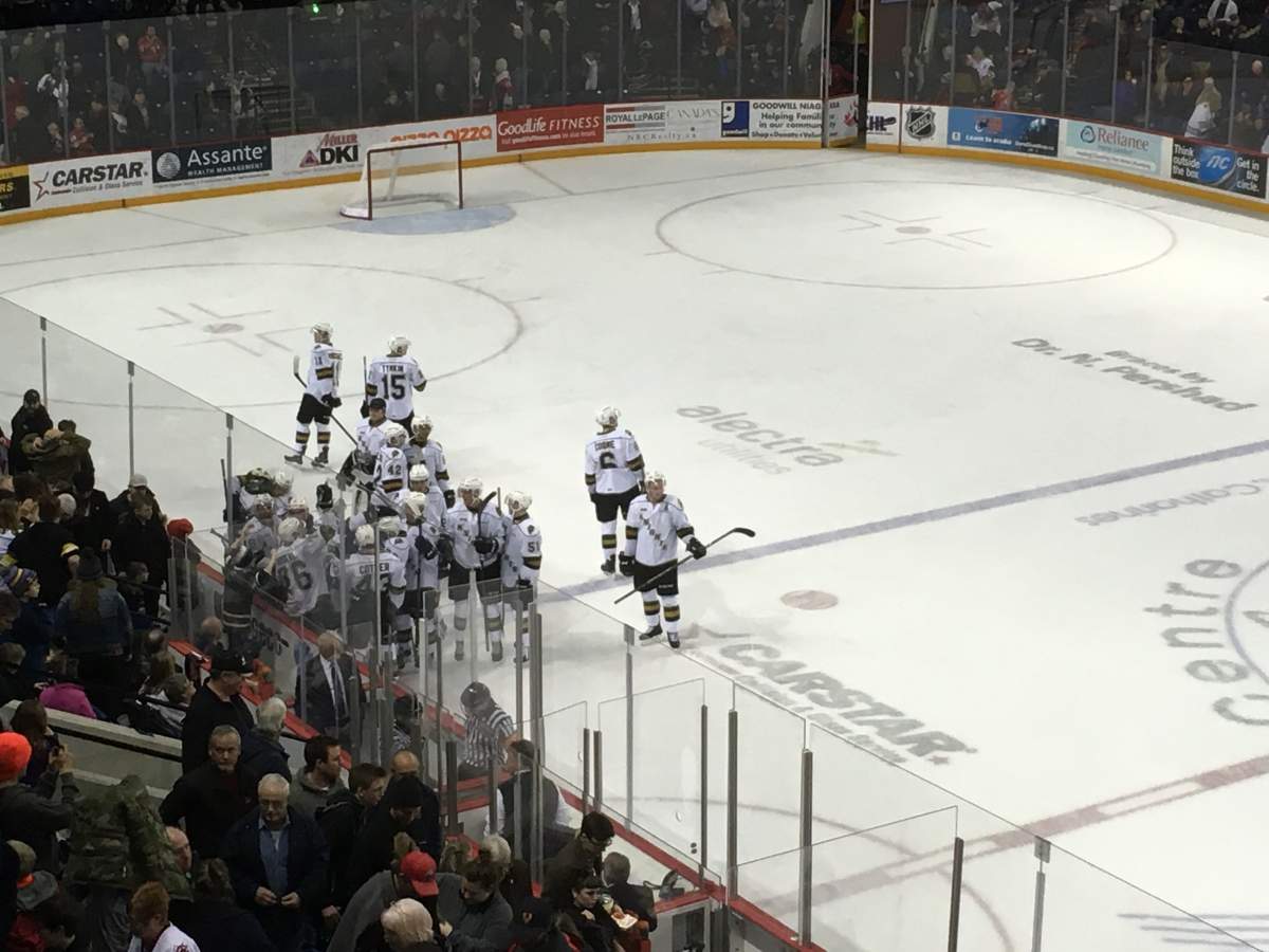 St. Catharines, Ont. - The London Knights celebrate Nathan Dunkley's overtime winner against the Niagara Ice Dogs on Thursday, January 3, 2019.