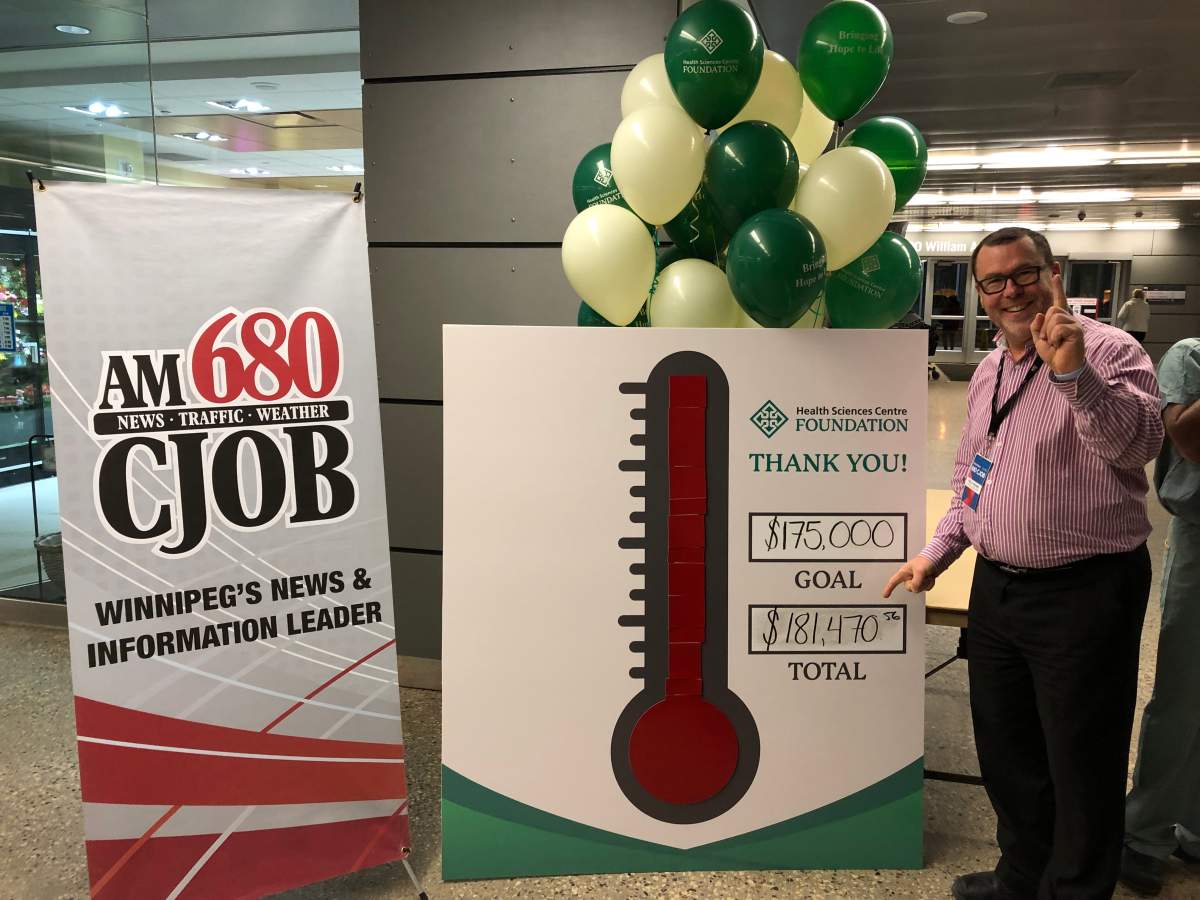 Donations continued to roll in after CJOB's Kelly Moore posed for photos at the end of the Radiothon Friday in the heart of Health Sciences Centre.