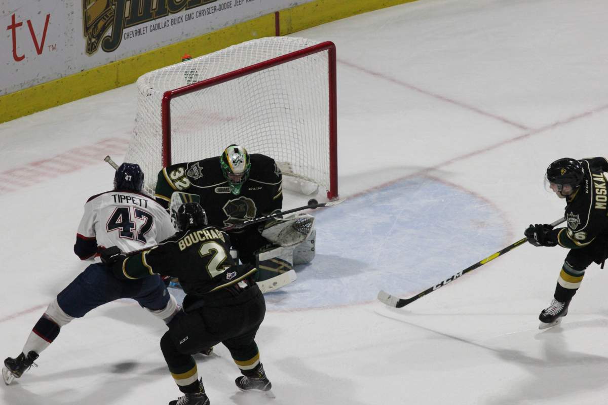 Joseph Raaymakers makes one of his 27 saves on Friday night in a game against the Spirit.