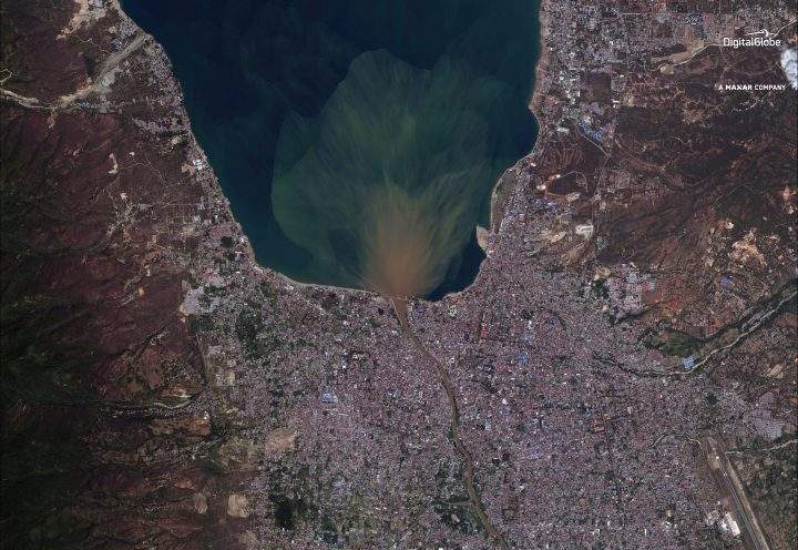 This Oct. 1, 2018 satellite image provided by DigitalGlobe shows Palu, Central Sulawesi, Indonesia after tsunami struck the area.