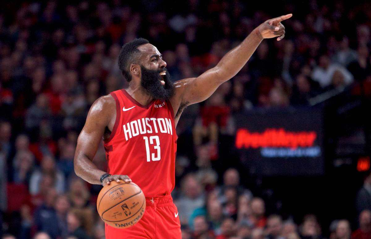 Houston Rockets guard James Harden gestures during the first half of an NBA basketball game against the Portland Trail Blazers in Portland, Ore., Saturday, Jan. 5, 2019.