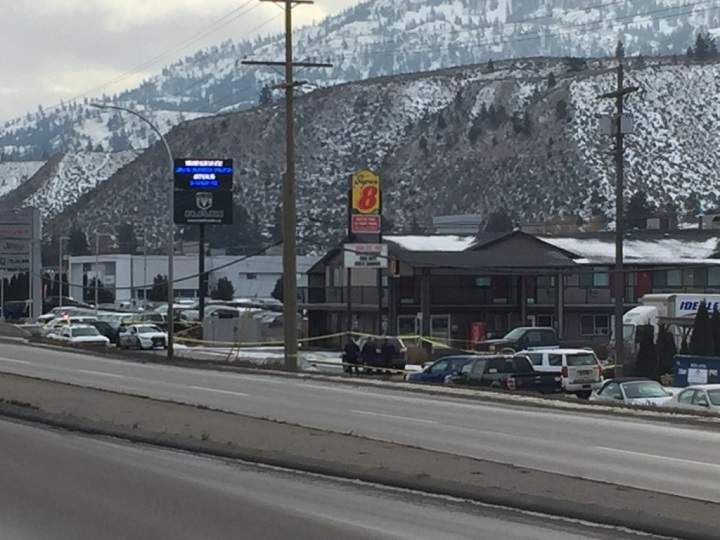 Police tape surrounds a portion of the Super 8 Hotel in Kamloops.