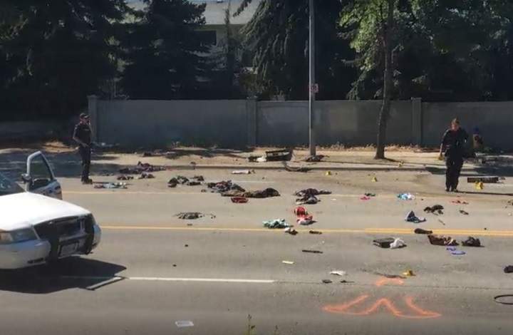 Debris was scattered across Highway 33 in Kelowna on June 20, 2018, when a speeding silver coupe hit a concrete fence.