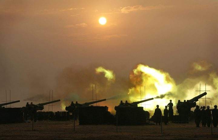 Taiwan's military fires an 8 inch Howitzer and 155mm canons during a live fire exercise Wednesday, Oct. 29, 2008, on the Taiwan island of Kinmen, formerly Quemoy, just 2 kilometers off of the coast of China. 
