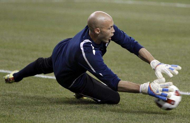 Canada goalie Lars Hirschfeld stops a shot during practice Monday, June 6, 2011 for their CONCACAF Gold Cup soccer match against the United States at Ford Field in Detroit.