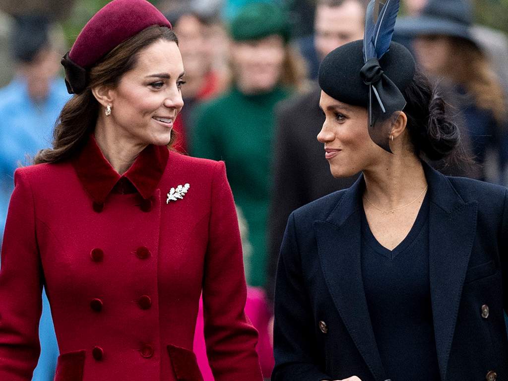 Kate Middleton, Duchess of Cambridge and Meghan Markle, Duchess of Sussex attend Christmas Day Church service at Church of St Mary Magdalene on the Sandringham estate on December 25, 2018 in King's Lynn, England.