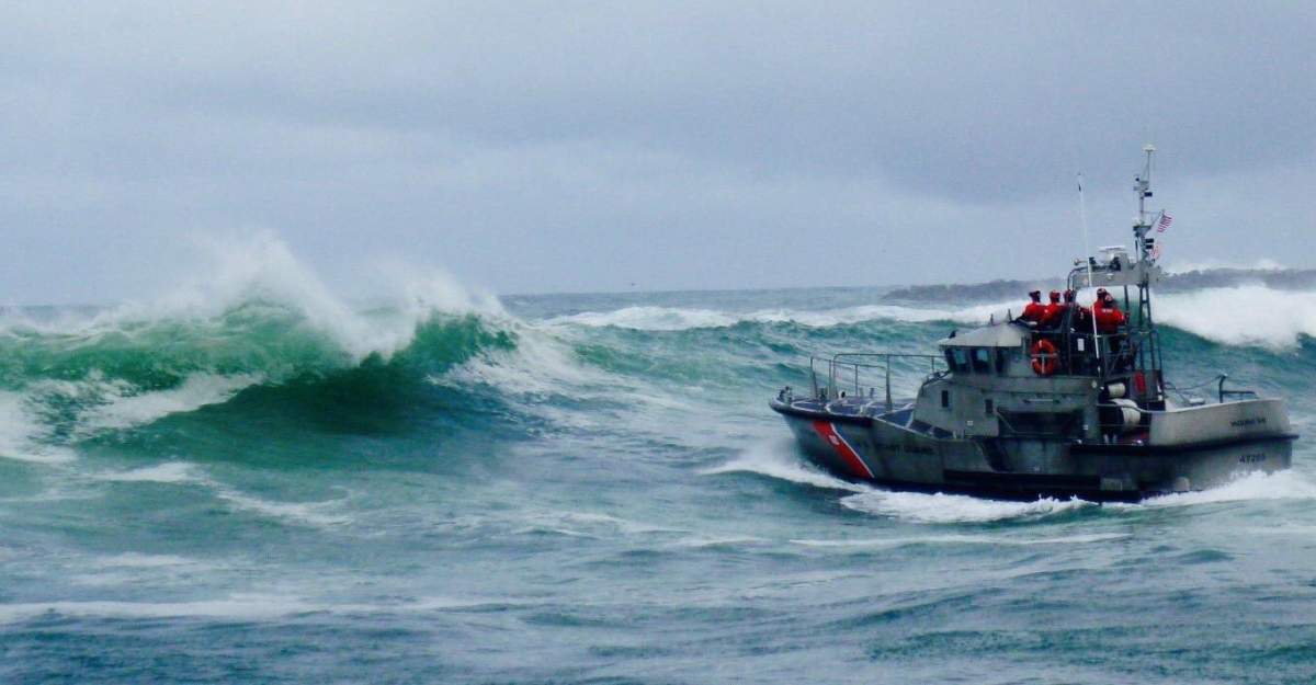 U.S. Coast Guard picture of a boat coming up against high waves.