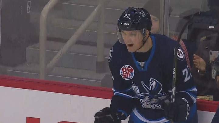 Manitoba Moose forward Kristian Reichel celebrates his first-period goal against the Milwaukee Admirals on Wednesday.