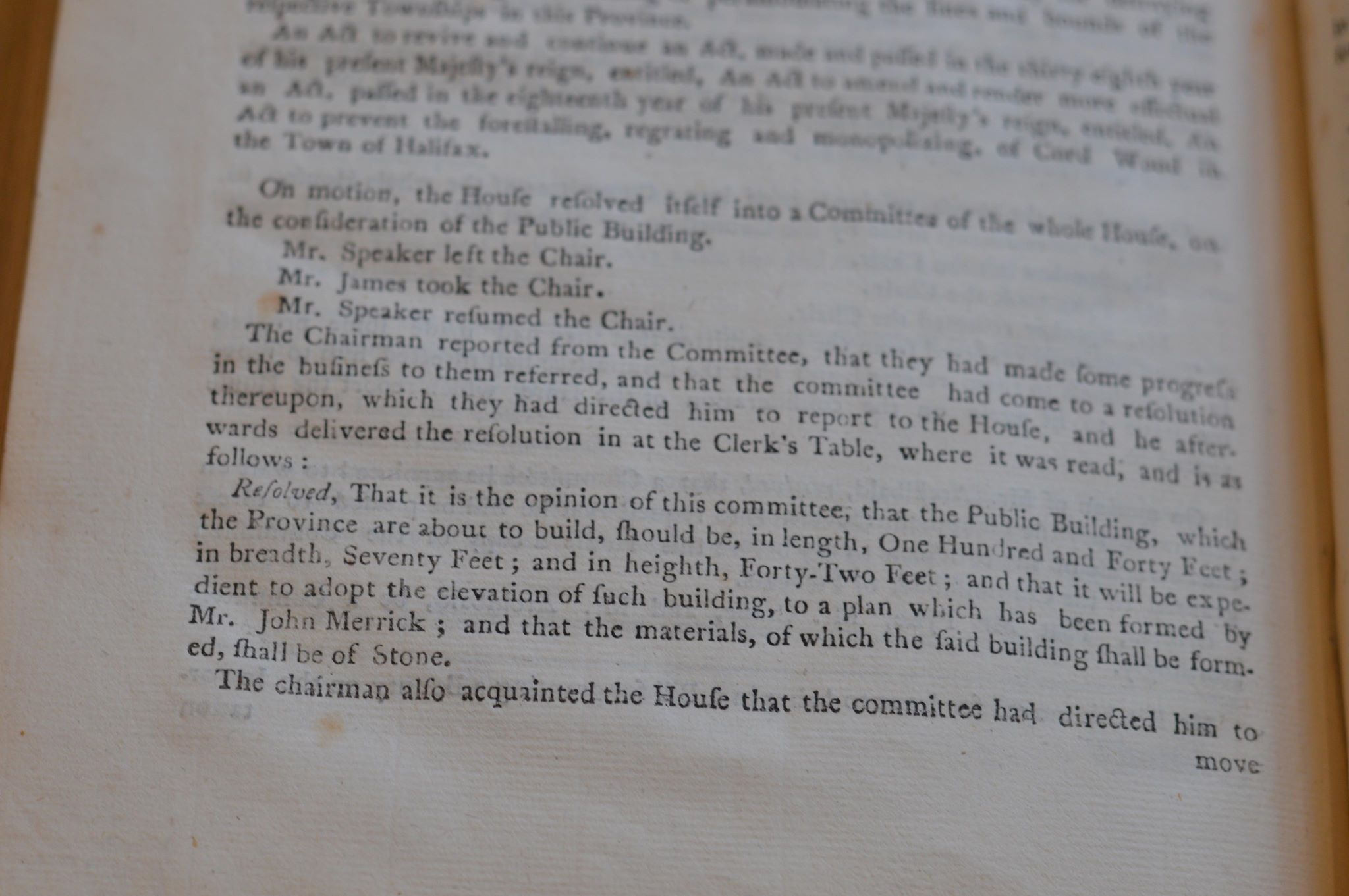 A motion in the Journals of Nova Scotia that specifies the requirements for constructing the province’s new legislature.