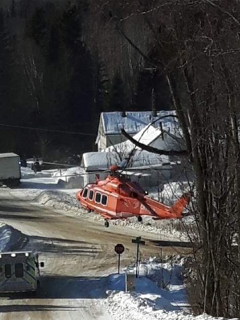 An Ornge air ambulance transports the victim of a snowmobile crash on William Lake on Saturday.