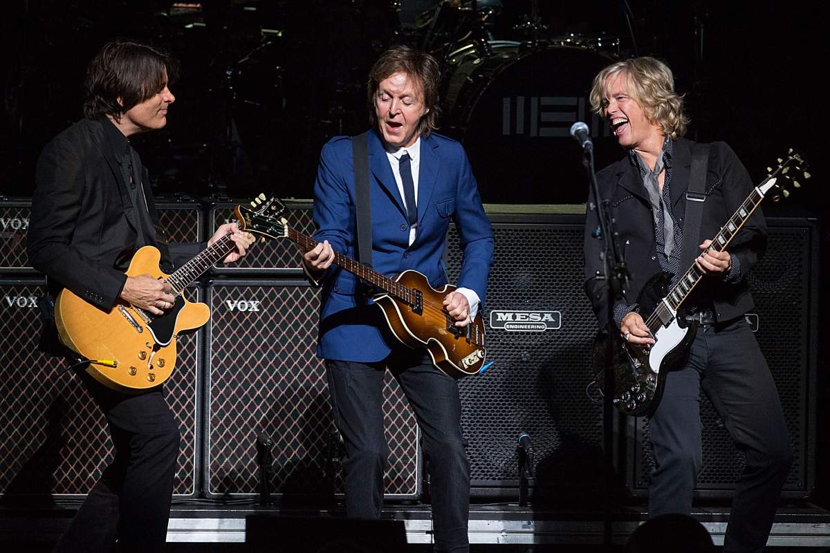 (L-R) Musicians Rusty Anderson, Paul McCartney, and Brian Ray perform in concert at the Tobin Center for the Performing Arts on October 1, 2014 in San Antonio, Tex.