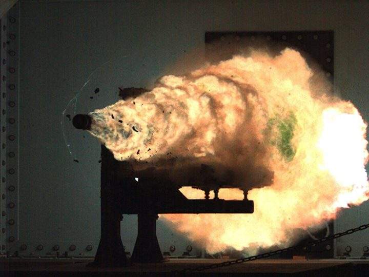 In this image, provided by the U.S. navy, a high-speed video camera captures a record-setting firing of an electromagnetic railgun, or EMRG, at the Naval Surface Warfare Center, Dahlgren, Va., on Thursday, Jan. 31, 2008.