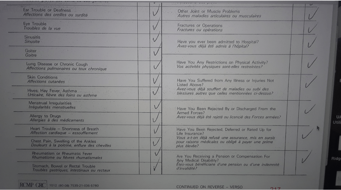A form, dated 1985, shows a standard list of medical questions posed to RCMP candidates in Quebec.