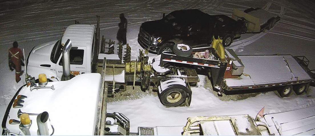 Surveillance image of a flat-deck trailer being stolen from Nikirk Construction in Rimbey, Alta. overnight between Jan. 9 and 10, 2019.