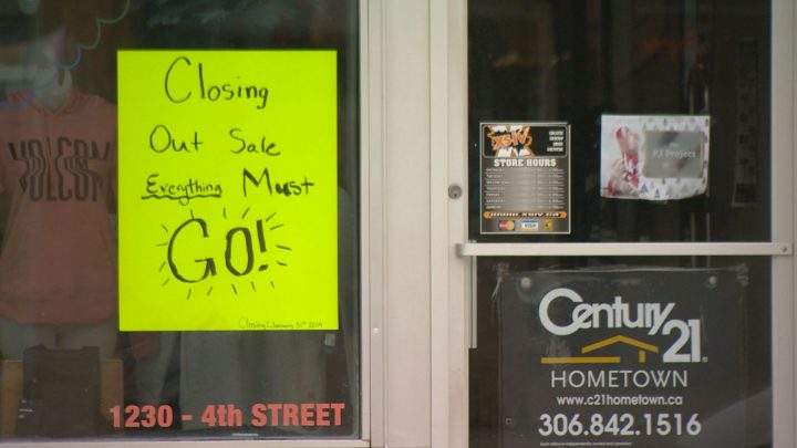 A going out of business sign hangs in the window of a downtown business in Estevan, Sask. on Jan 9, 2019.