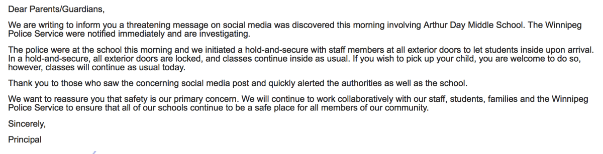 A note from Arthur Day Middle School to parents.