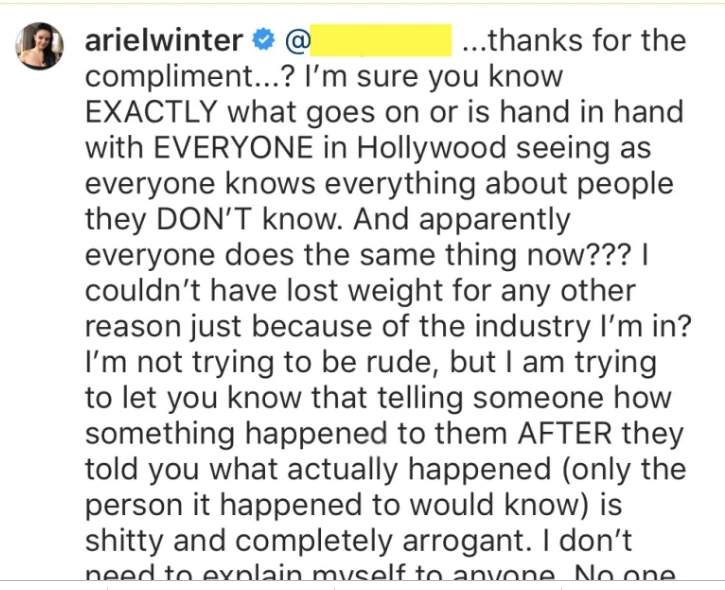 Ariel Winter fires back at fans suggesting she used plastic surgery for weight loss - image