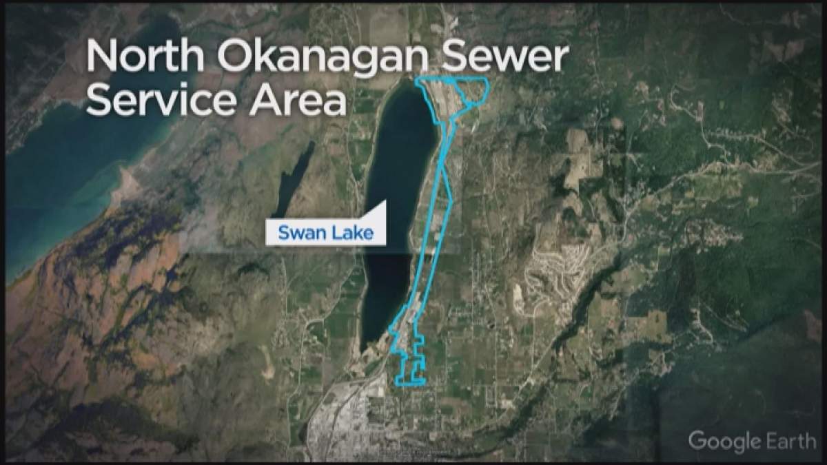 A map of the proposed service area the new sewer would service in the North Okanagan Regional District. Property owners in the are being asked whether they are willing to foot part of the bill to build it.