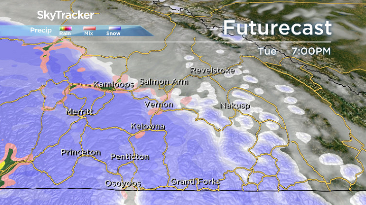 Snow is expected to sweep back into the Okanagan Tuesday night.