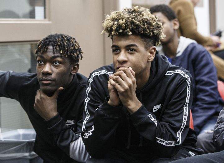 Students at St. Nicholas Catholic Junior High School watch the FC Bayern Munich vs TSG 1899 Hoffenheim on tv in Edmonton, Alta., on Friday January 18, 2019. Former Nicholas Catholic Junior High student, Alphonso Davies joined Bayern Munich in the new year, following a $22-million transfer from the Vancouver Whitecaps.