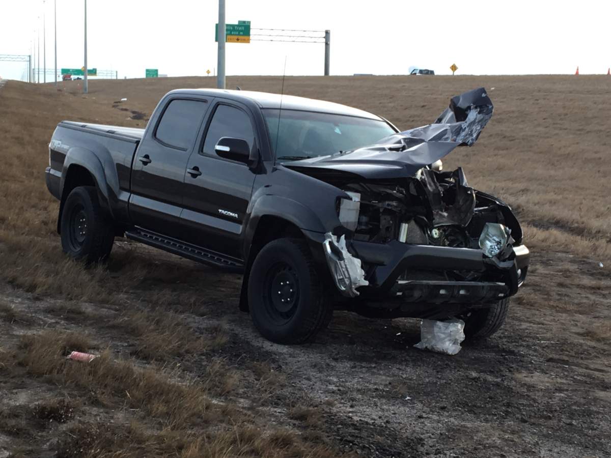 Calgary police investigate a serious crash on Stoney Trail near Deerfoot Trail on Jan 10, 2019.