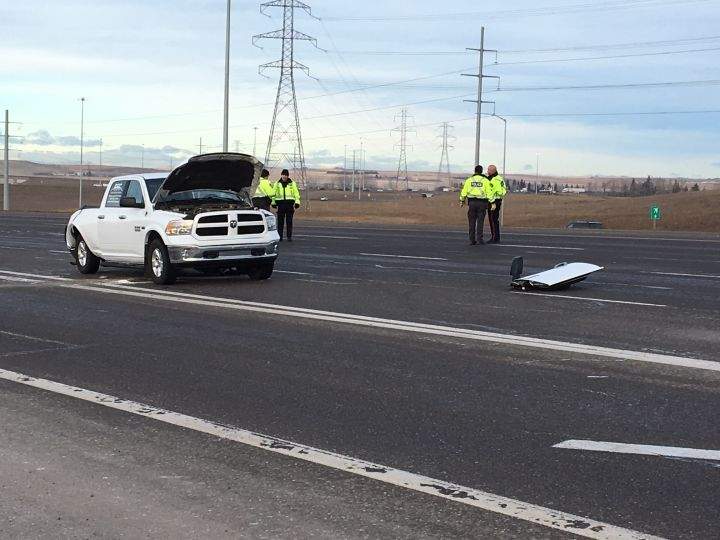Calgary police investigate a serious collision on Stoney Trail near Deerfoot Trail on Jan. 10, 2019.