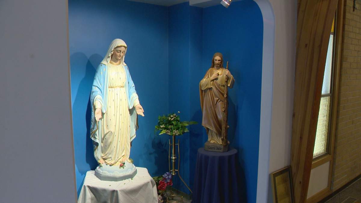 The Virgin Mary statue at St. Peter’s Catholic Church, returned to its proper place.