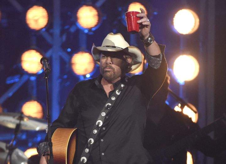 Toby Keith raises a red cup after performing "Should've Been a Cowboy" at the 53rd annual Academy of Country Music Awards at the MGM Grand Garden Arena on Sunday, April 15, 2018, in Las Vegas. 