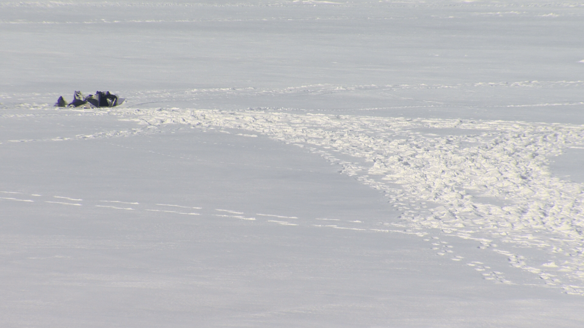Tracks left from first responders near Darcie’s partially submerged snowmobile after bringing her and her husband back to safety.