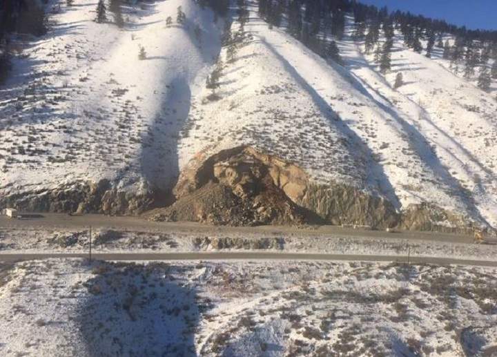 Another view of the slope and the rockslide that is covering Highway 97 in the Okanagan.