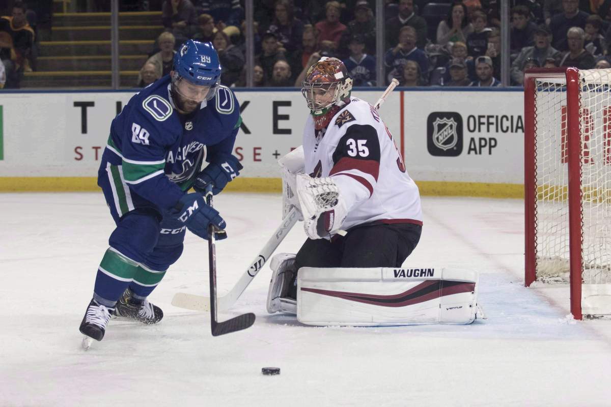 Vancouver Canucks forward Sam Gagner (89) takes shot on net as Arizona Coyotes goaltender Darcy Kuemper (35) makes the save during first period preseason action in Kelowna , B.C. on September 29, 2018. Sam Gagner felt like he was playing well. The veteran forward says the Vancouver Canucks agreed. That's why his demotion to the American Hockey League -- a second this season -- came as a shock last week. THE CANADIAN PRESS/Jeff Bassett.
