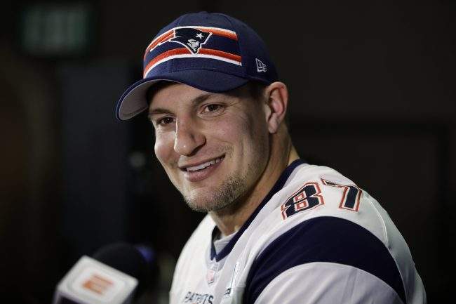 New England Patriots’ Rob Gronkowski speaks with members of the media during a news conference, Jan. 30, 2019, ahead of the NFL Super Bowl 53 football game against the Los Angeles Rams in Atlanta.