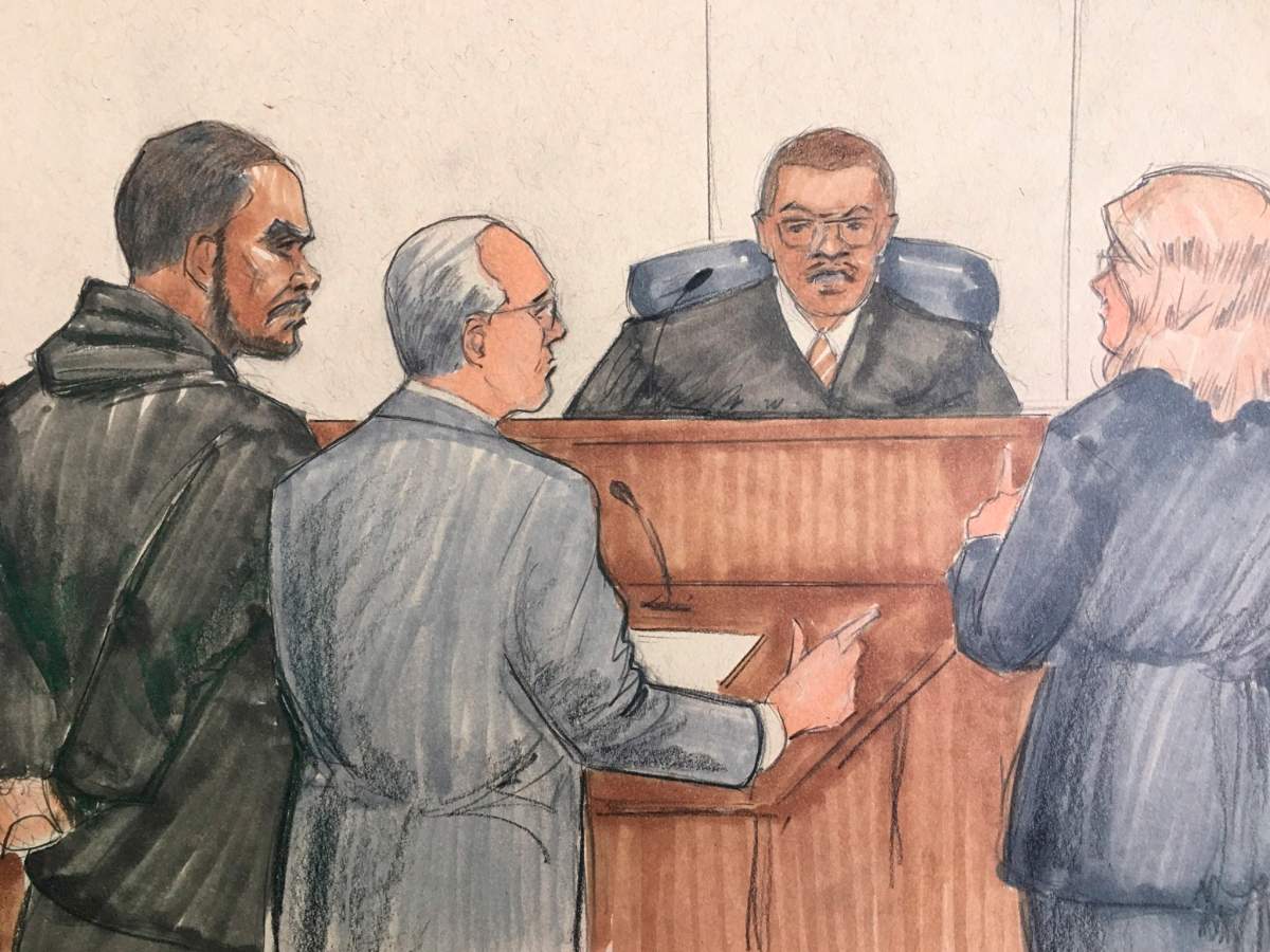 In this courtroom sketch, R&B singer R. Kelly, attorney Steve Greenberg and prosecutor Jennifer Gonzalez appears before Cook County Judge John Fitzgerald Lyke Jr. on Feb. 23, 2019 in Chicago.
