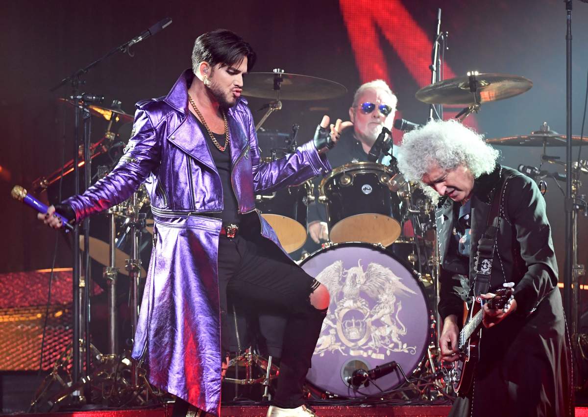 (L-R) Adam Lambert, Roger Taylor and Brian May of Queen + Adam Lambert perform as the group kicks off its 10-date limited engagement, ‘The Crown Jewels,’ at Park Theater at Park MGM on Sept. 1, 2018, in Las Vegas, Nev.