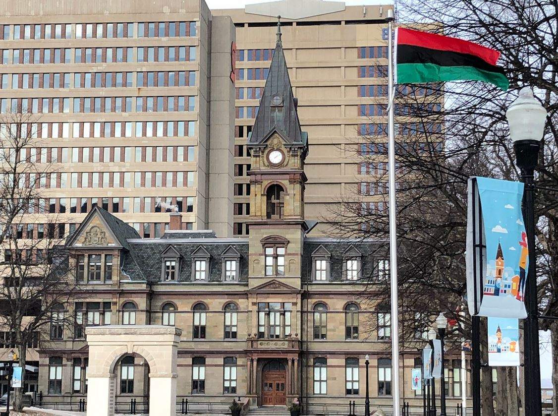 The African Nova Scotian flag is seen outside Halifax City Hall on Friday, Feb. 1, 2019. 