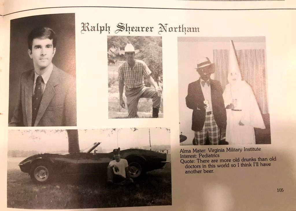 This image shows Virginia Gov. Ralph Northam’s page in his 1984 Eastern Virginia Medical School yearbook. The page shows a picture, at right, of a person in blackface and another wearing a Ku Klux Klan hood next to different pictures of the governor. (Eastern Virginia Medical School via AP)